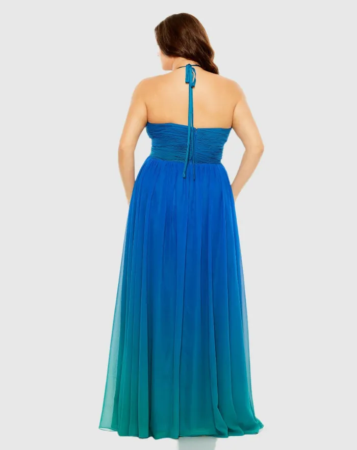 Women Plus Size Dresses Mac Duggal Halter Ruched Ombre Gown Plus Ocean Ombre