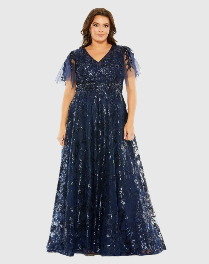 Women Plus Size Dresses Mac Duggal Navy High Neck Flutter Sleeve Embellished ALine Gown Midnight