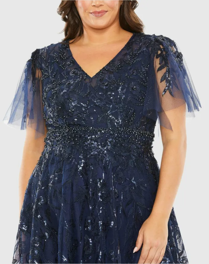 Women Plus Size Dresses Mac Duggal Navy High Neck Flutter Sleeve Embellished ALine Gown Midnight