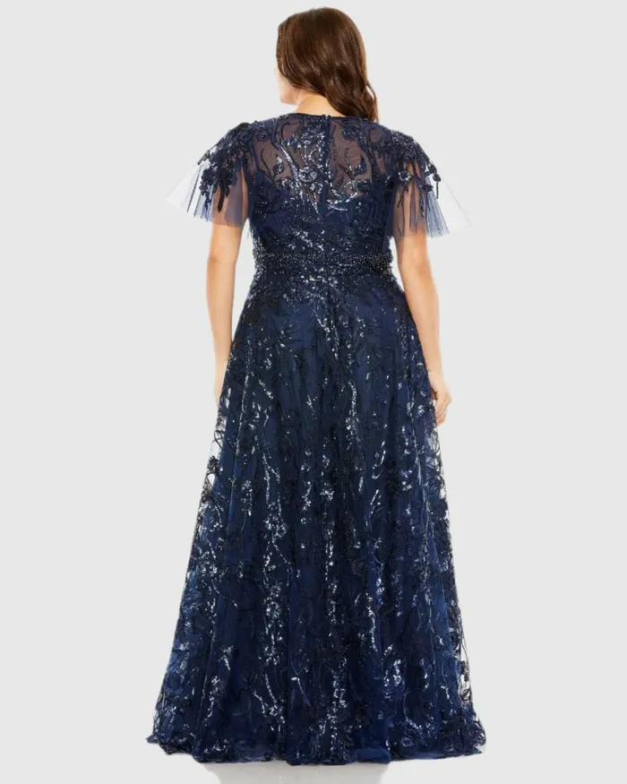 Women Plus Size Dresses Mac Duggal Navy High Neck Flutter Sleeve Embellished ALine Gown Midnight