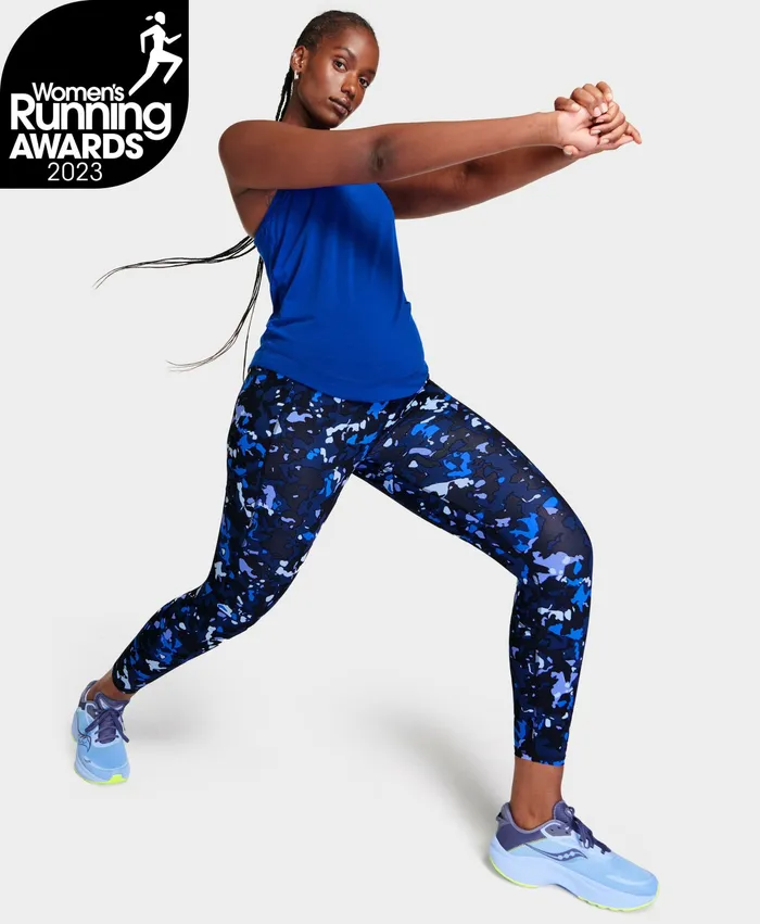 Women Pocketed Sweaty Betty Zero Gravity 78 Running Leggings Blue Camo Terrain Print