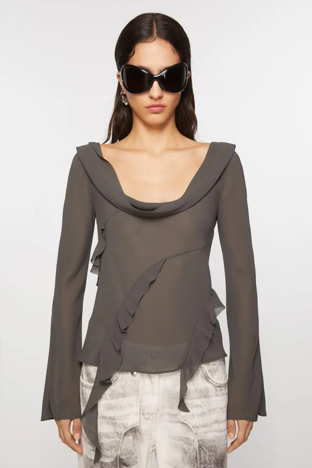 Women Ruffle Draped Top Anthracite Grey Acne Studios Shirts and Blouses
