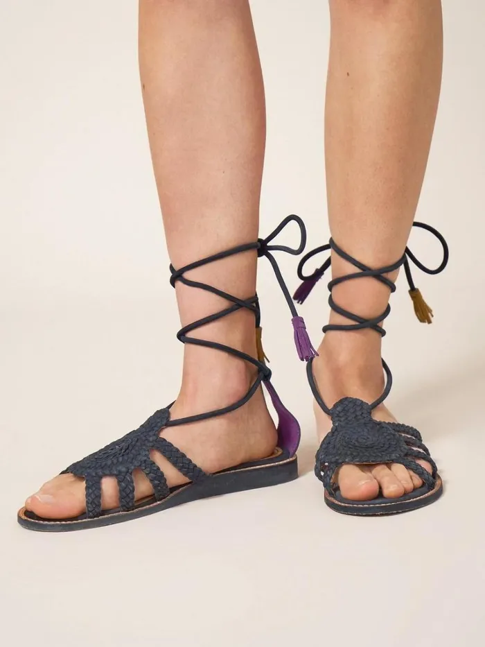 Women SANDALS White Stuff Plaited Leather Sandal Tie Leg Pure Black