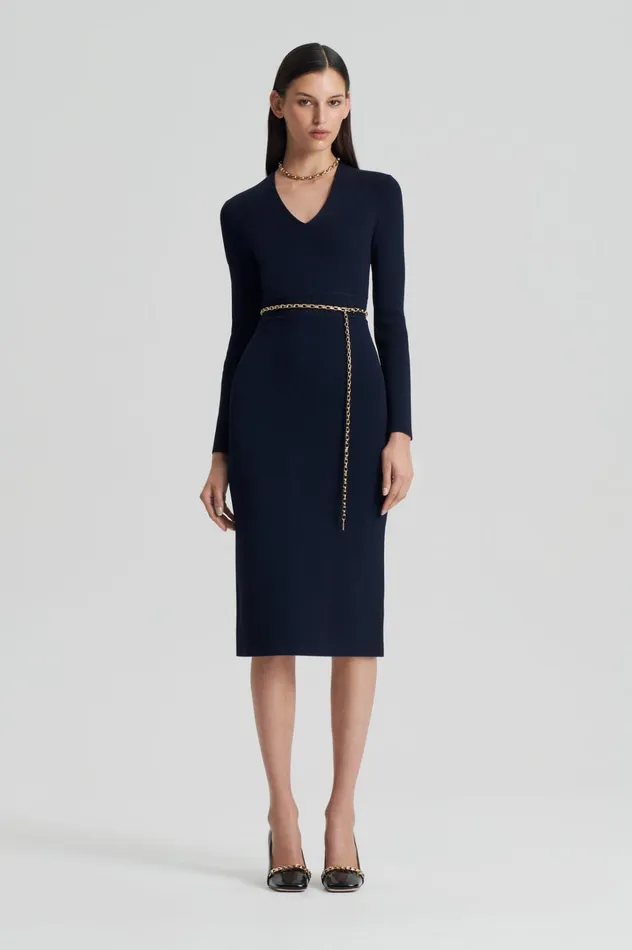 Women Scanlan Theodore Dresses CREPE KNIT LONG SLEEVE V NECK DRESS Navy