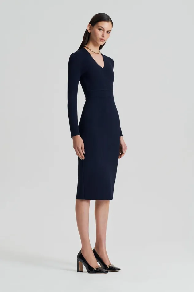 Women Scanlan Theodore Dresses CREPE KNIT LONG SLEEVE V NECK DRESS Navy