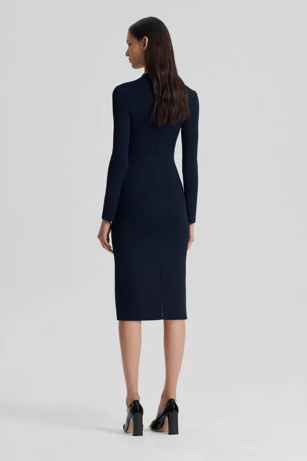 Women Scanlan Theodore Dresses CREPE KNIT LONG SLEEVE V NECK DRESS Navy