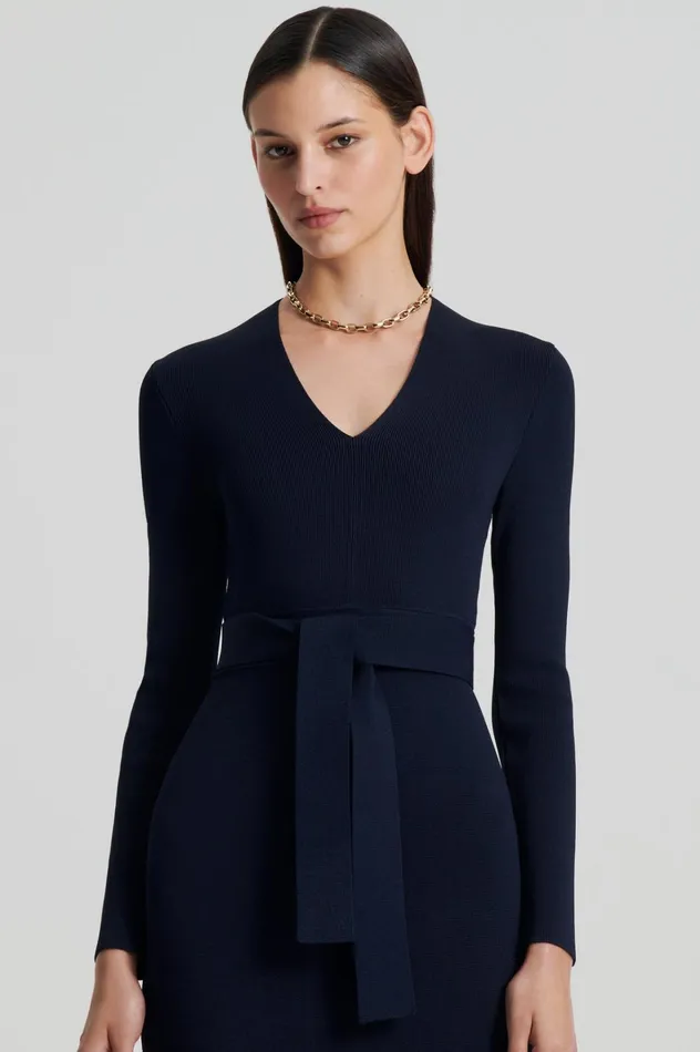 Women Scanlan Theodore Dresses CREPE KNIT LONG SLEEVE V NECK DRESS Navy