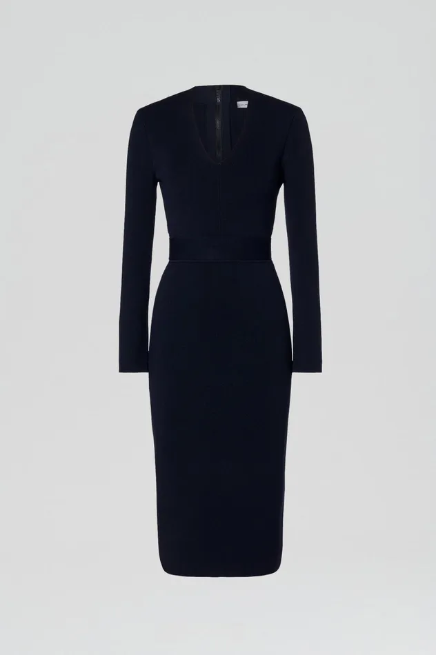 Women Scanlan Theodore Dresses CREPE KNIT LONG SLEEVE V NECK DRESS Navy