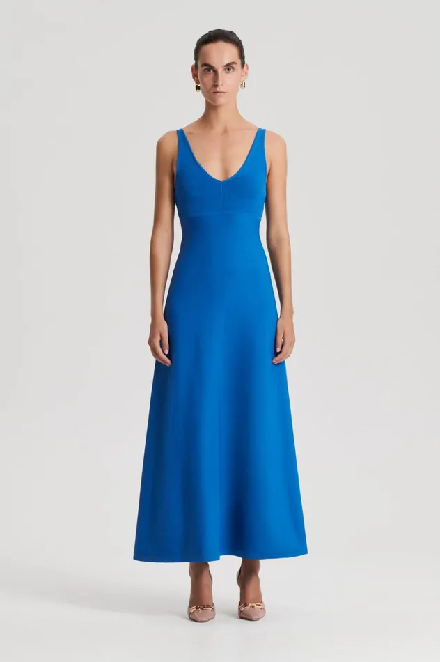 Women Scanlan Theodore Dresses CREPE KNIT V NECK DRESS Prussianblue