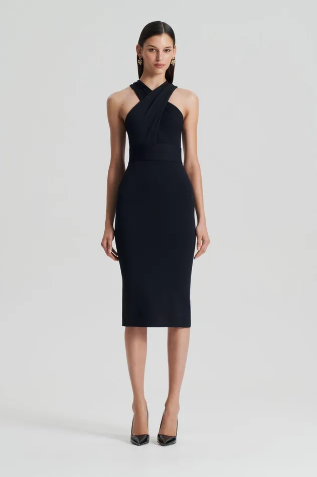 Women Scanlan Theodore Dresses CREPE KNIT WRAP NECK DRESS Black