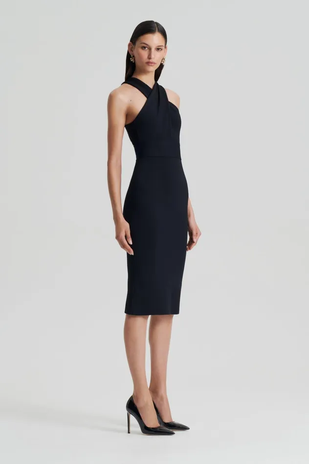 Women Scanlan Theodore Dresses CREPE KNIT WRAP NECK DRESS Black Women Scanlan Theodore Dresses CREPE KNIT WRAP NECK DRESS Black
