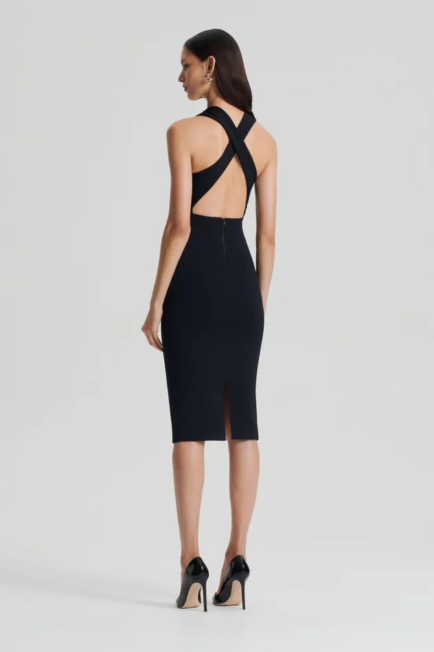 Women Scanlan Theodore Dresses CREPE KNIT WRAP NECK DRESS Black Women Scanlan Theodore Dresses CREPE KNIT WRAP NECK DRESS Black