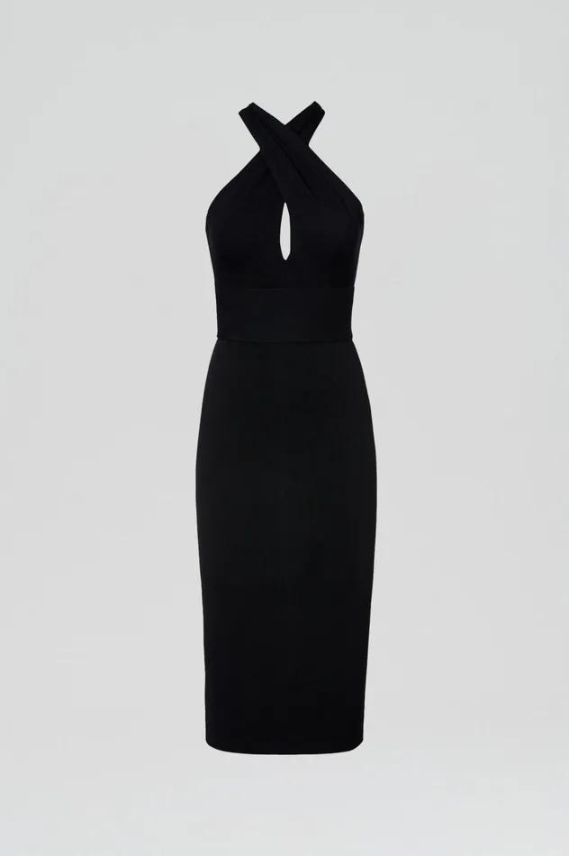 Women Scanlan Theodore Dresses CREPE KNIT WRAP NECK DRESS Black Women Scanlan Theodore Dresses CREPE KNIT WRAP NECK DRESS Black