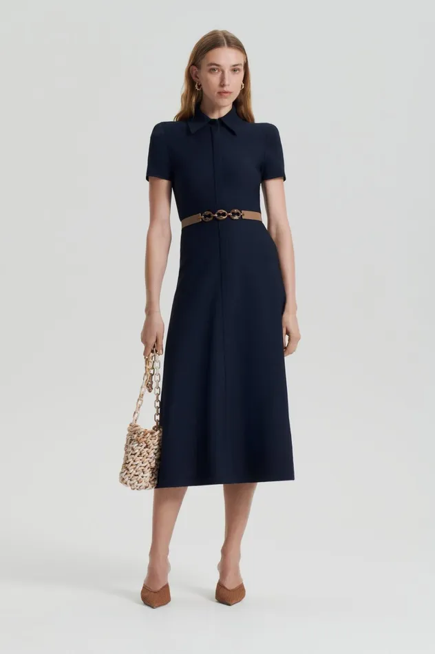 Women Scanlan Theodore Dresses CREPE KNIT ZIP SHIRT DRESS Navy