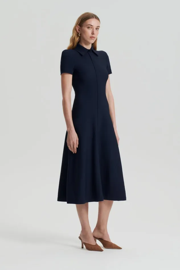 Women Scanlan Theodore Dresses CREPE KNIT ZIP SHIRT DRESS Navy