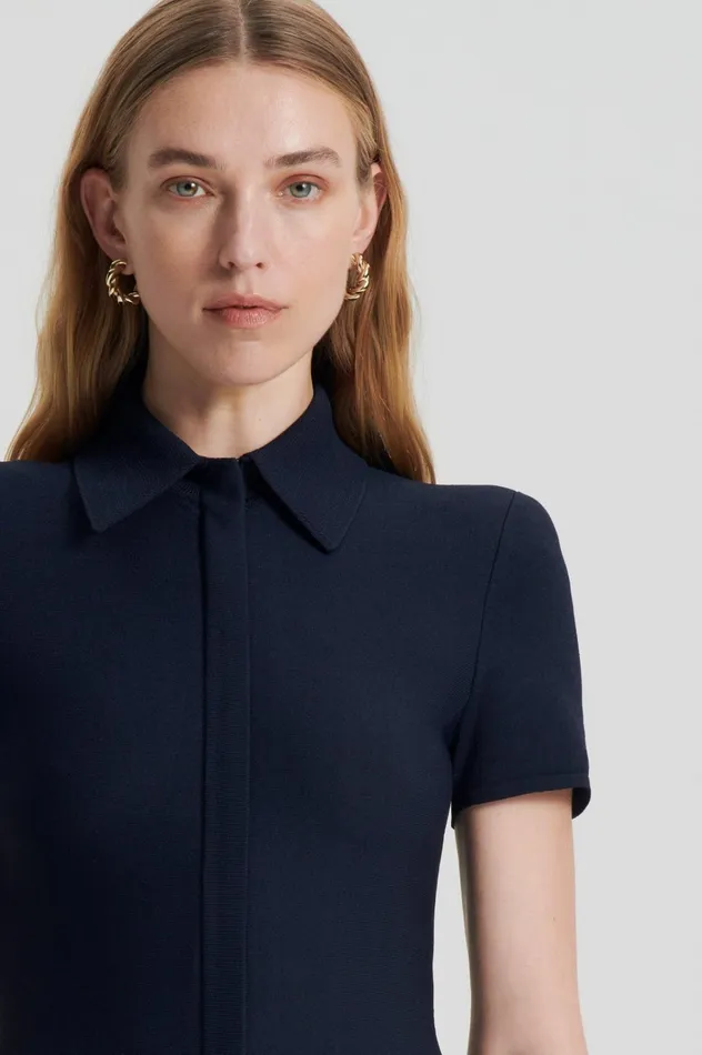 Women Scanlan Theodore Dresses CREPE KNIT ZIP SHIRT DRESS Navy