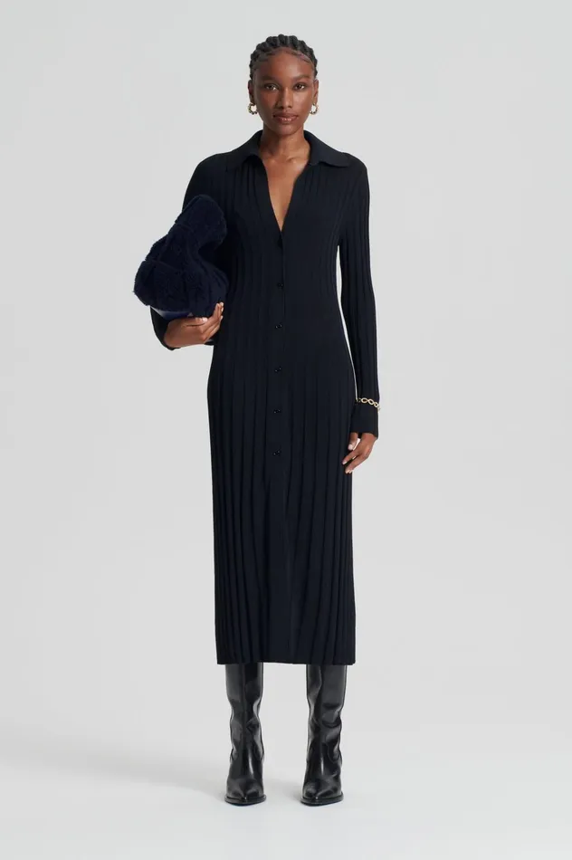 Women Scanlan Theodore Knitwear PLEATED RIB PLACKET DRESS 14 Black