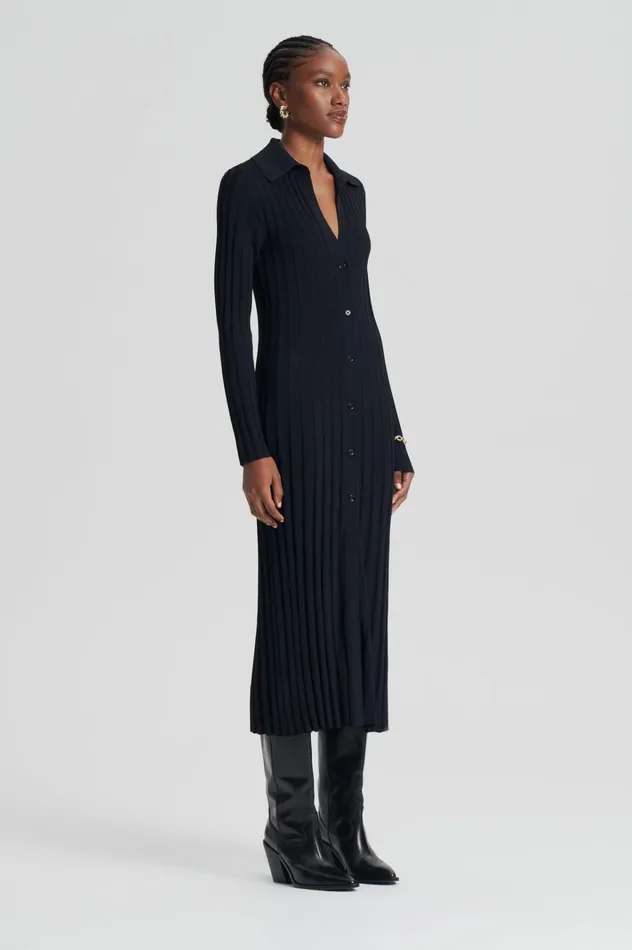Women Scanlan Theodore Knitwear PLEATED RIB PLACKET DRESS 14 Black Women Scanlan Theodore Knitwear PLEATED RIB PLACKET DRESS 14 Black