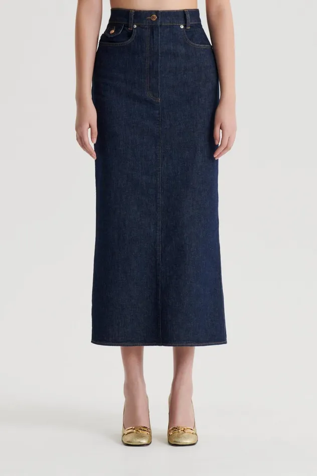 Women Scanlan Theodore Skirts DENIM FIVE POCKET PENCIL SKIRT Indigob Women Scanlan Theodore Skirts DENIM FIVE POCKET PENCIL SKIRT Indigob