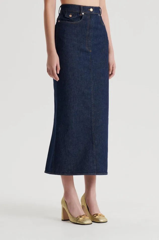 Women Scanlan Theodore Skirts DENIM FIVE POCKET PENCIL SKIRT Indigob Women Scanlan Theodore Skirts DENIM FIVE POCKET PENCIL SKIRT Indigob