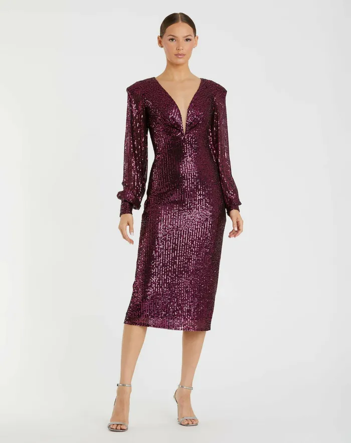 Women Sequined Structured Bishop Sleeve Midi Dress Magenta Cocktail Dresses Mac Duggal