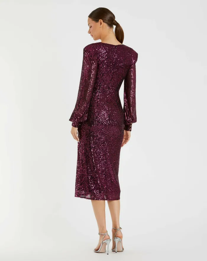 Women Sequined Structured Bishop Sleeve Midi Dress Magenta Cocktail Dresses Mac Duggal Women Sequined Structured Bishop Sleeve Midi Dress Magenta Cocktail Dresses Mac Duggal
