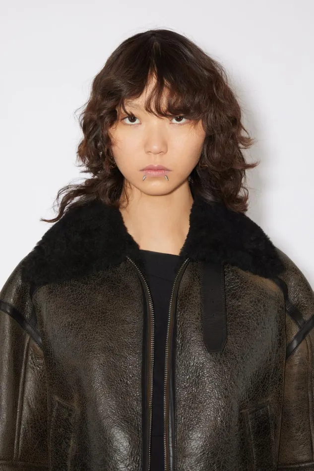 Women Shearling Jacket Dark Brownblack Acne Studios Outerwear