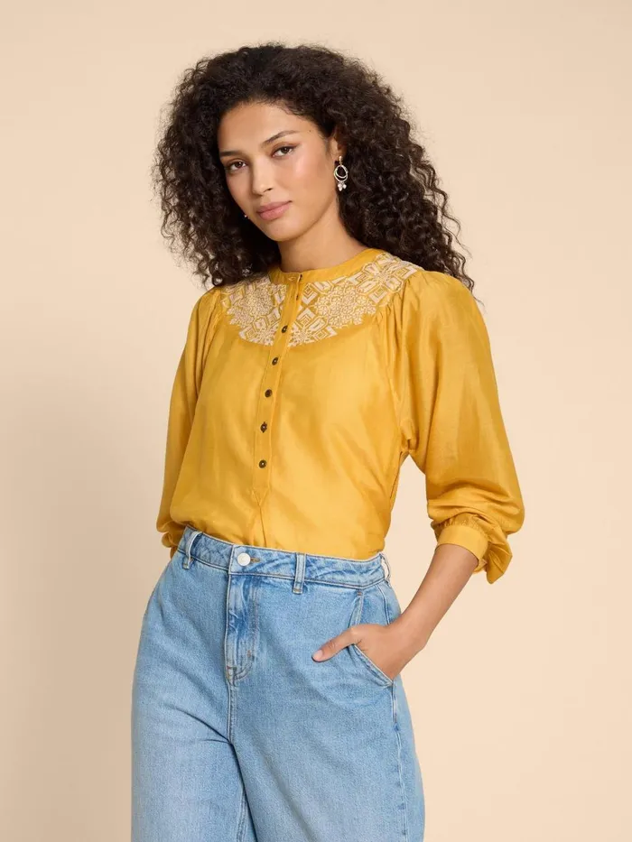 Women SHIRTS and BLOUSES White Stuff Rose Cotton Silk Top Chartreuse Multi