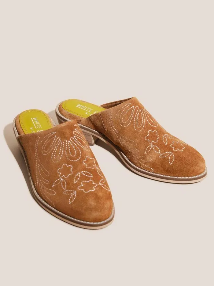 Women SHOES White Stuff Suede Embroidered Mule Mid Tan