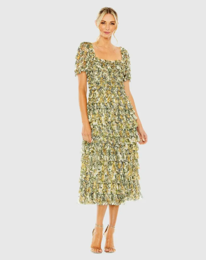 Women Short Sleeve Micro Ruffle Tea Length Dress Gold Multi Daytime Dresses Mac Duggal