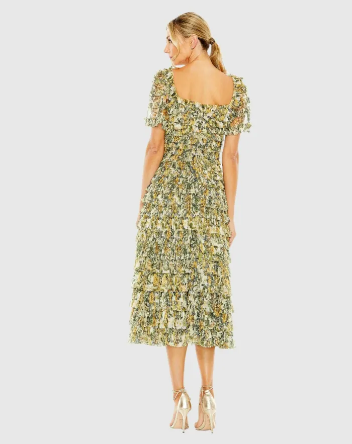 Women Short Sleeve Micro Ruffle Tea Length Dress Gold Multi Daytime Dresses Mac Duggal Women Short Sleeve Micro Ruffle Tea Length Dress Gold Multi Daytime Dresses Mac Duggal