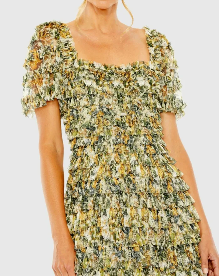 Women Short Sleeve Micro Ruffle Tea Length Dress Gold Multi Daytime Dresses Mac Duggal Women Short Sleeve Micro Ruffle Tea Length Dress Gold Multi Daytime Dresses Mac Duggal