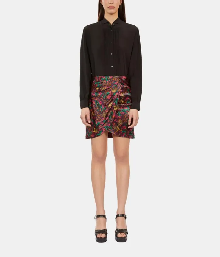 Women Skirts and Shorts THE KOOPLES Multicolor Featherprint Short Silk Skirt With Draping