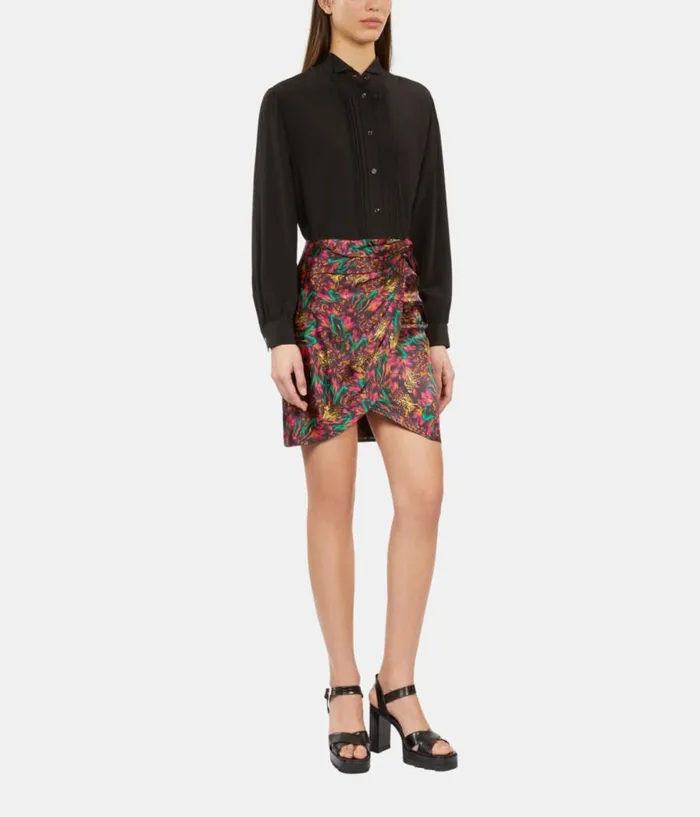 Women Skirts and Shorts THE KOOPLES Multicolor Featherprint Short Silk Skirt With Draping