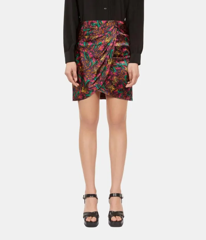 Women Skirts and Shorts THE KOOPLES Multicolor Featherprint Short Silk Skirt With Draping