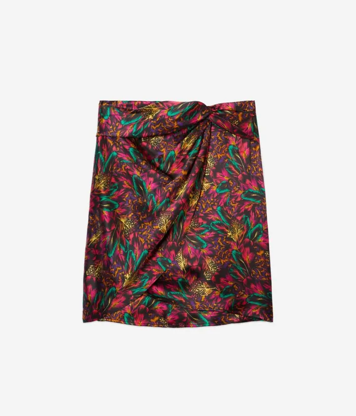 Women Skirts and Shorts THE KOOPLES Multicolor Featherprint Short Silk Skirt With Draping