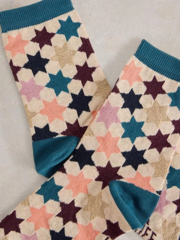 Women SOCKS White Stuff Star Ankle Knitted Sock Natural Multi