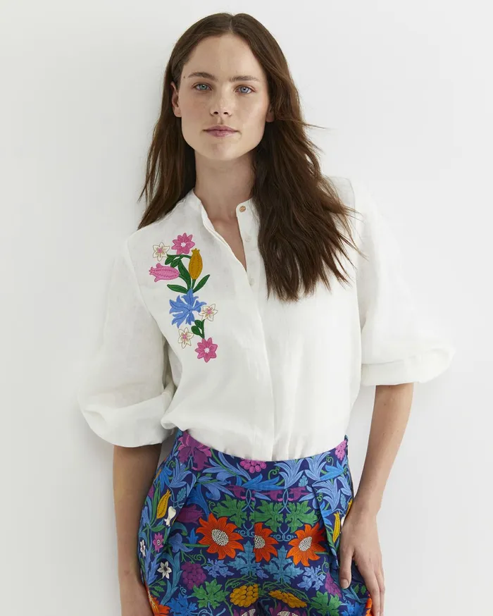 Women Sportscraft Shirts Josephine Embroidered Long Sleeve Linen Shirt White