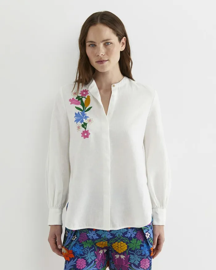 Women Sportscraft Shirts Josephine Embroidered Long Sleeve Linen Shirt White