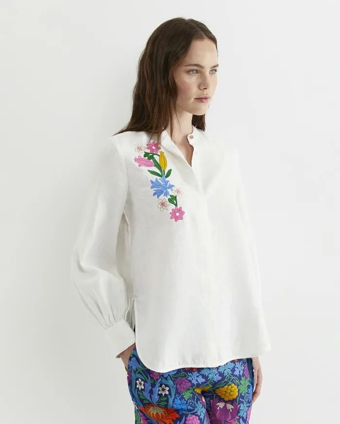 Women Sportscraft Shirts Josephine Embroidered Long Sleeve Linen Shirt White