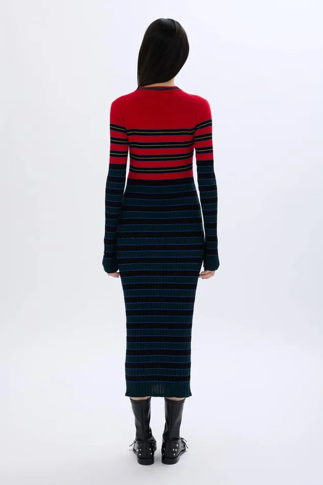 Women Striped Knitted Dress With Standup Collar Striped Bluered Multi Sonia Rykiel Long Dresses