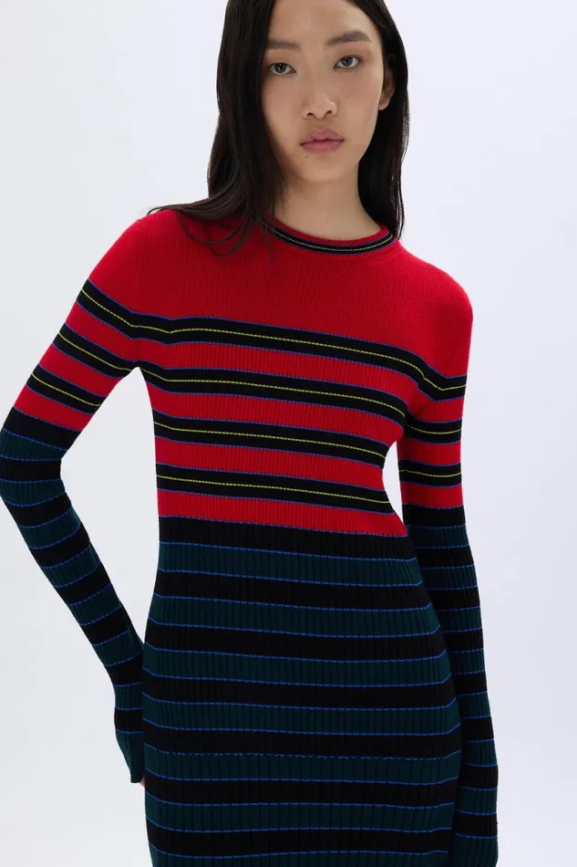 Women Striped Knitted Dress With Standup Collar Striped Bluered Multi Sonia Rykiel Long Dresses