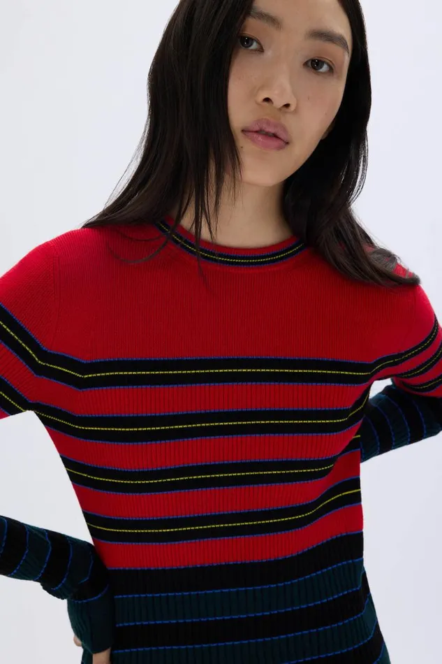 Women Striped Knitted Dress With Standup Collar Striped Bluered Multi Sonia Rykiel Long Dresses