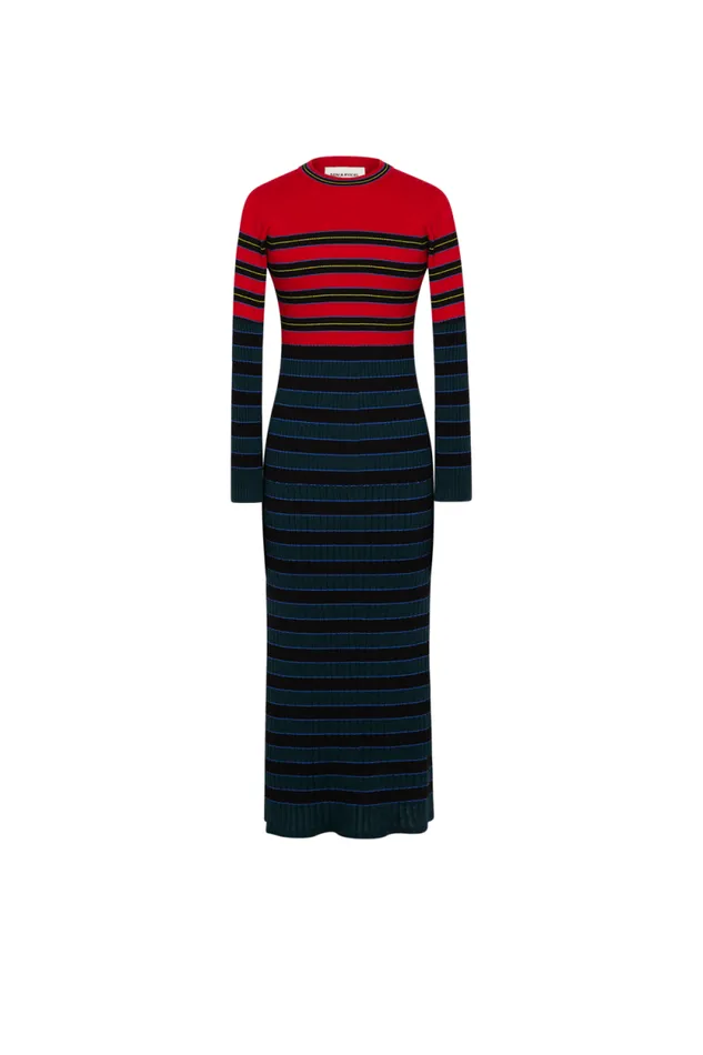 Women Striped Knitted Dress With Standup Collar Striped Bluered Multi Sonia Rykiel Long Dresses