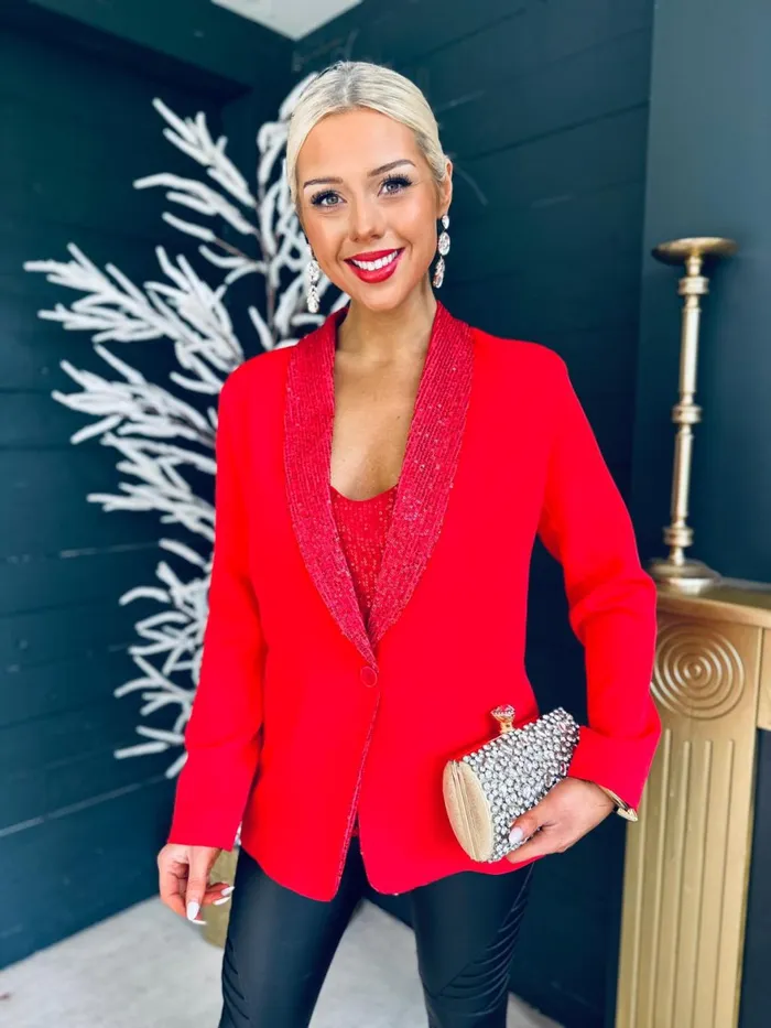 Women Suits and Blazers Canella Lane Menlo Sequin Detail Blazer Red
