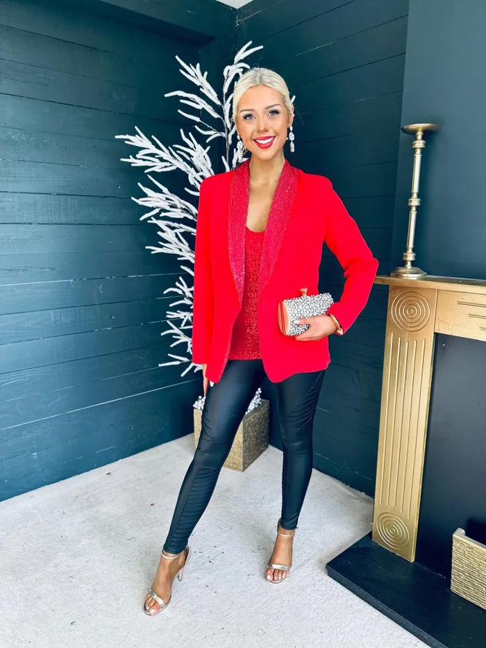 Women Suits and Blazers Canella Lane Menlo Sequin Detail Blazer Red