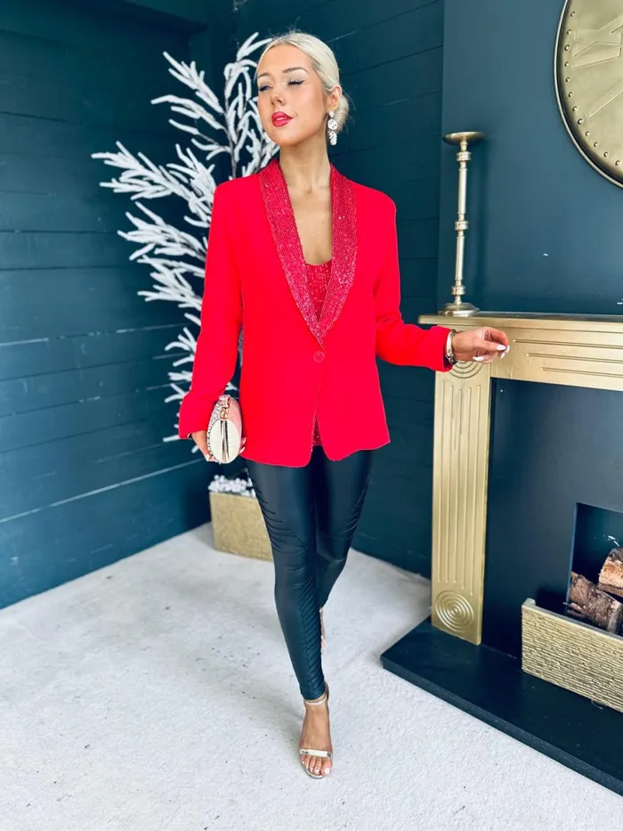 Women Suits and Blazers Canella Lane Menlo Sequin Detail Blazer Red