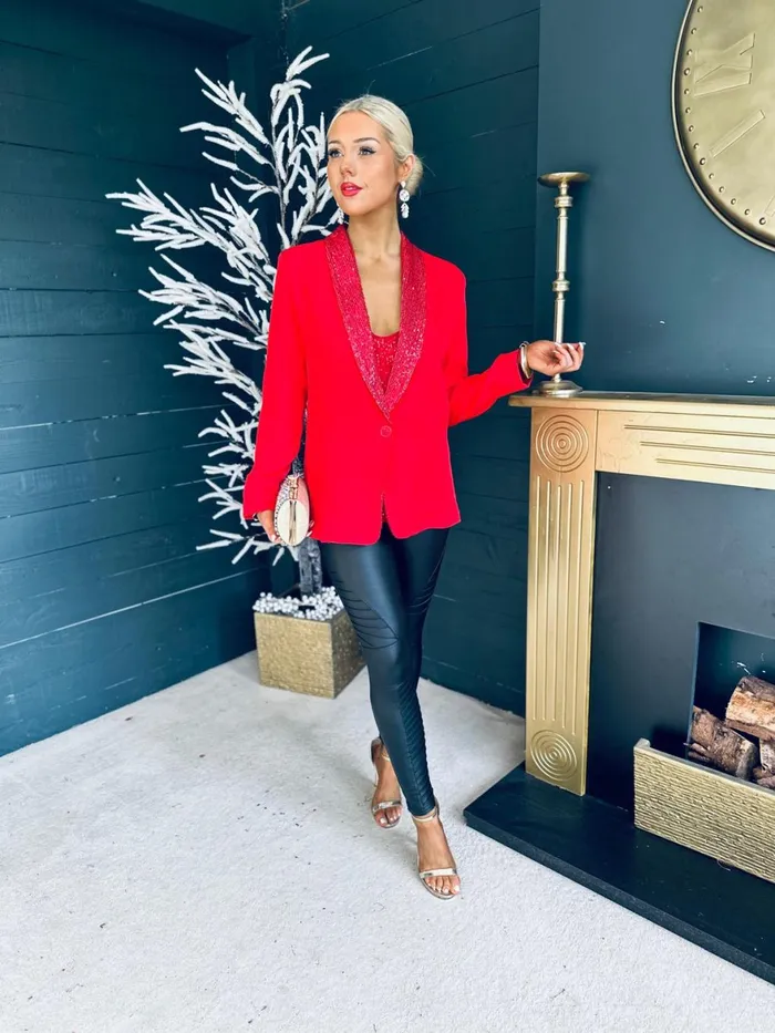 Women Suits and Blazers Canella Lane Menlo Sequin Detail Blazer Red