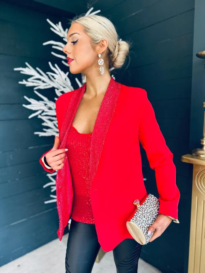 Women Suits and Blazers Canella Lane Menlo Sequin Detail Blazer Red