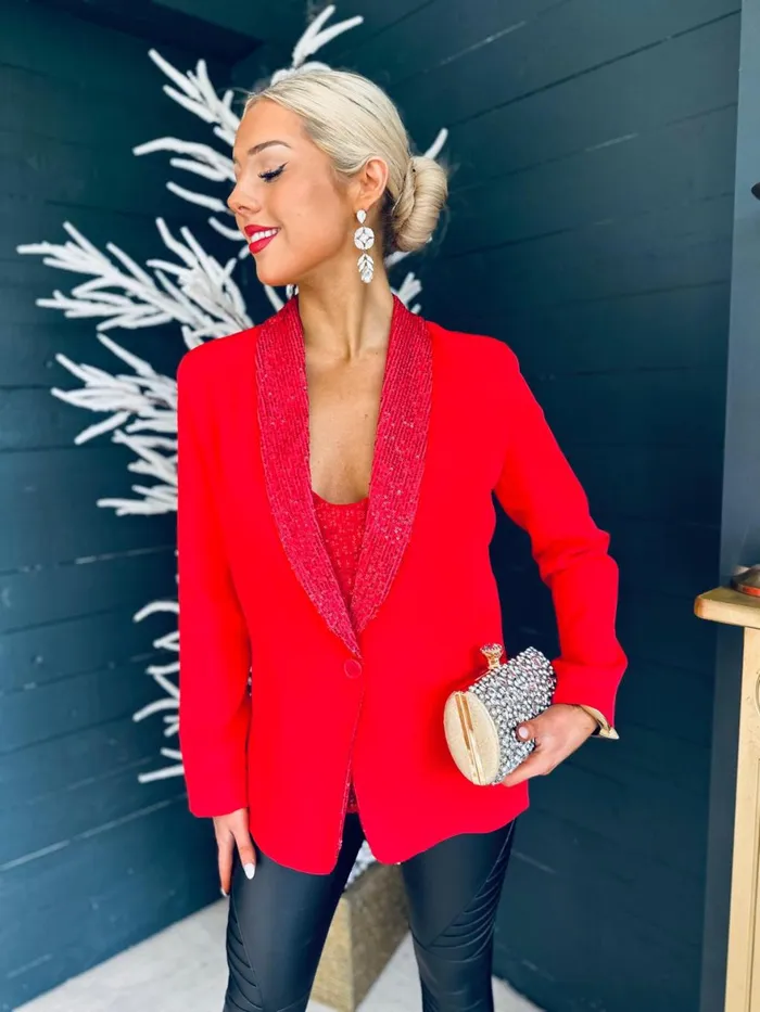 Women Suits and Blazers Canella Lane Menlo Sequin Detail Blazer Red